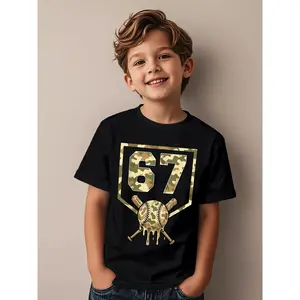 ' 67 Number 67 Drip Ice Cream & Baseball Bat Camo Graphic T-Shirt - Golden & Black Short Sleeve Casual Tee with Number 67 Logo, Machine Washable Top for Parties & Casual Attire