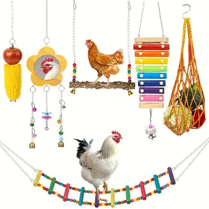 6-Piece Set of Chicken Coop Accessories, Swing Ladder Perch Rack for Chicken, Chicken Bell Mirror and Vegetable and Fruit Hanging Feeder, Suitable for Hen and Parrot