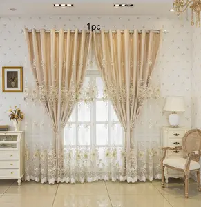1pc (Floral Relief Embroidery) Double-Layer Blackout Thermal Ready-Made Curtain Suitable for Living Room/Bedroom, For Home Use & Office Work