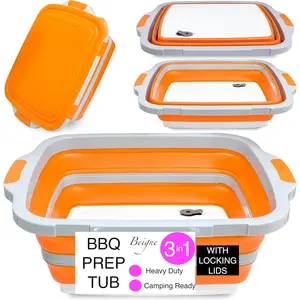 XL Collapsible BBQ Prep Tub with Lid - 3 in 1 Collapsible Tub & Cutting Board Container for Marinating, Camping, Meat --Saving, Foldable Tray for and