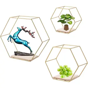 Wall Mounted Hexagon Floating Shelves, Metal Framed Gold Shelf with Wooden Floor Storage Shelves, Modern Wall Decor for Living Room, Bedroom, Kitchen, Office, Set of 3 Size﻿