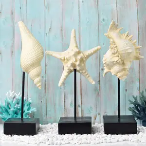 Ocean-Themed Resin Figurine Set, Fresh Art Style Beach Decor, Conch/starfish/horse Shark Mermaid Textured, Base Metal Rod