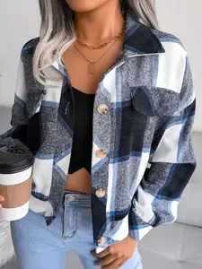 A ladies' blue-gray checked collar long-sleeved Collared Fitted shirt jacket for casual wear, suitable for both indoor and outdoor occasions.