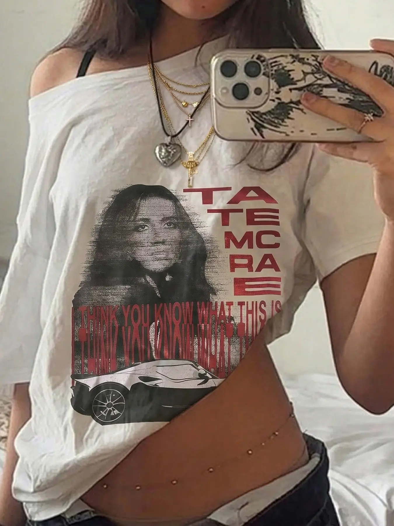 Y2K Vintage Graphic Off Shoulder Crop Top, Aesthetic Streetwear Cotton Tee, Soft Breathable Loose Fit Shirt, Oversized, Everyday Fashion Tops for Casual Daily Wear Street Style Music Festival Party Outfit, Retro Print Comfortable Teen Girls Clothes