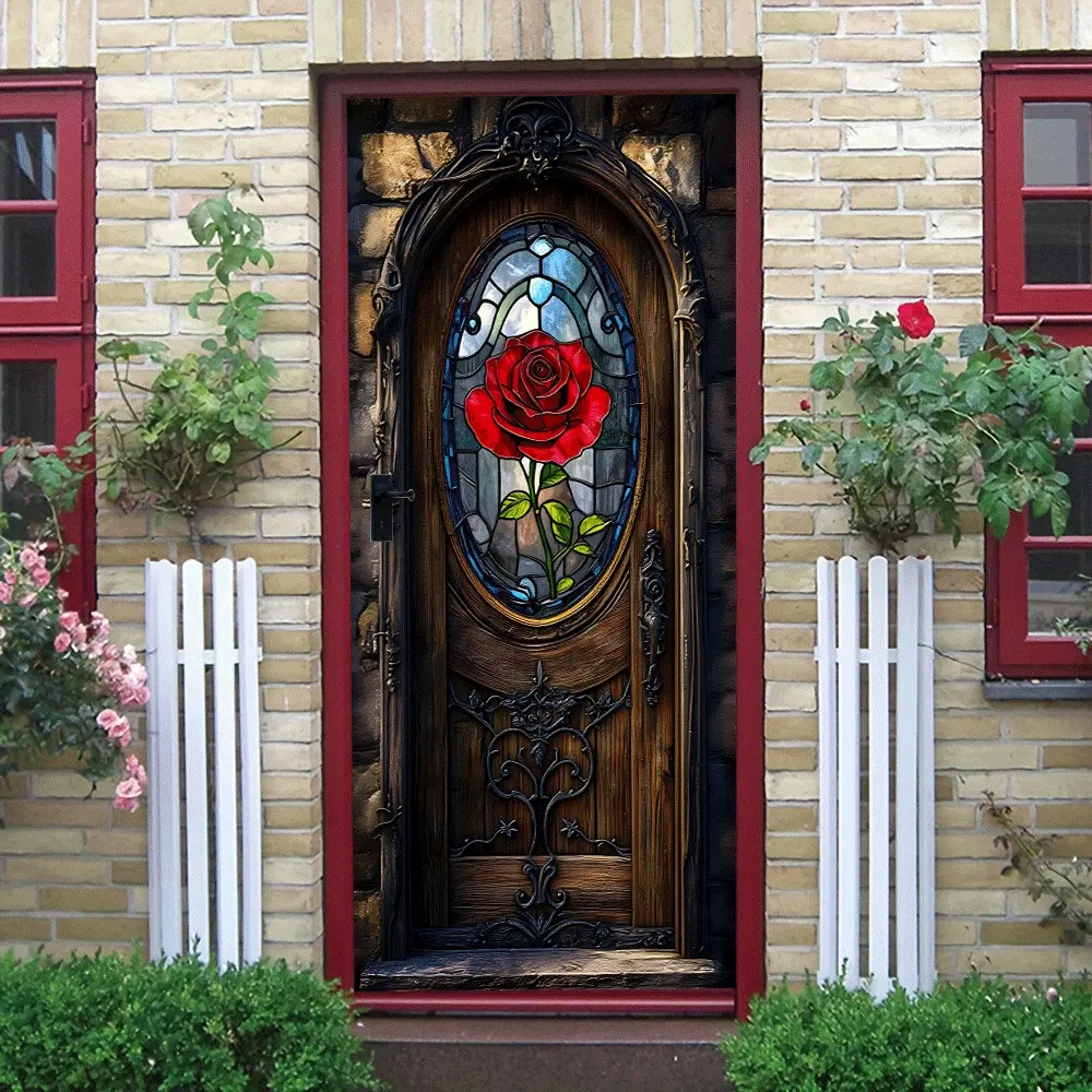 2pcs Beauty and the Beast Inspired Stained Glass Rose Door Wall Sticker Vintage Wooden Frame Decorative Mural for Living Room Bedroom Nursery Home Decoration Self Adhesive Removable Art Decal Deco Stickers Door Decorations