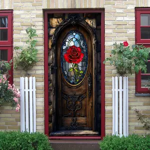 2pcs Beauty and the Beast Inspired Stained Glass Rose Door Wall Sticker Vintage Wooden Frame Decorative Mural for Living Room Bedroom Nursery Home Decoration Self Adhesive Removable Art Decal Door Decorations