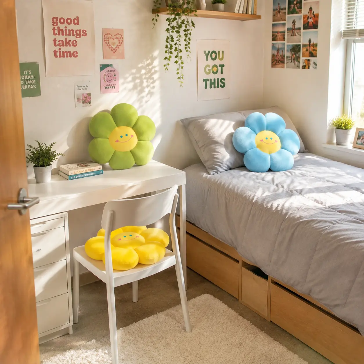 Kawaii Sunflower Floor Cushion - Back to School 35cm Seat Pad, 6 Colors Cute Dorm Room Decor for Girls Teens