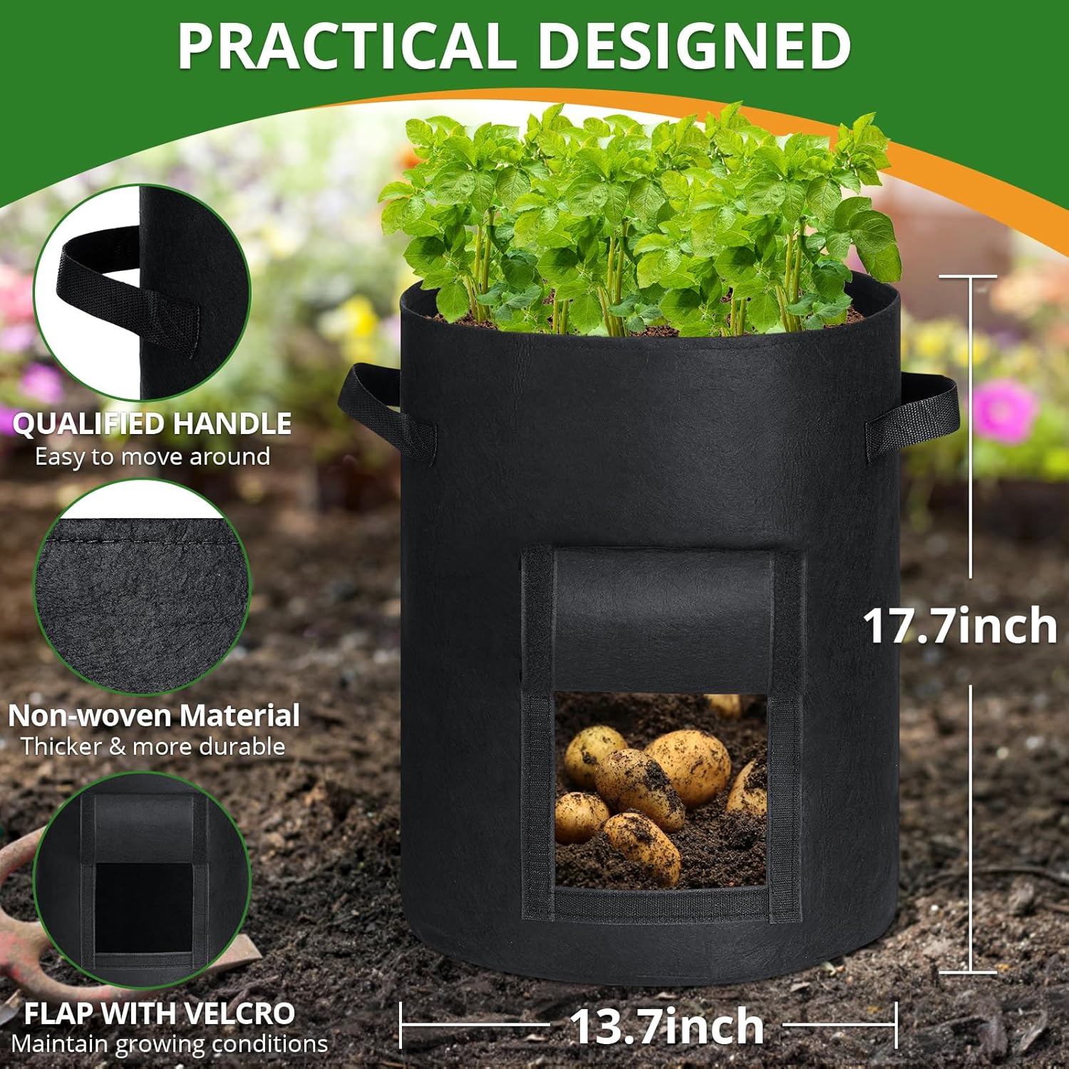 GOTGELIF 6 Pack 10 Gallon Potato Grow Bags with Flap, Thickened Nonwoven Fabric Grow Bags for Growing Potatoes, Carrots, Onion, etc Vegetables, Plants & Fruits - Black magnetic  levitation