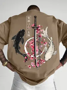 Men's Japanese Koi Fish & Katana Graphic T-Shirt, Sakura Floral Streetwear Tee, Oversized Oriental Aesthetic Casual Top #KoiKatanaTee #JapaneseStreetwear #SakuraFloralShirt #OrientalGraphicTee #TikTokMadeMeBuyIt