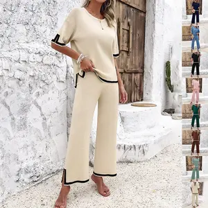 2Pcs Black Striped Knitted Suit Summer Casual Temperament Split Short-sleeved Top And Loose Straight Trousers Womens Clothing