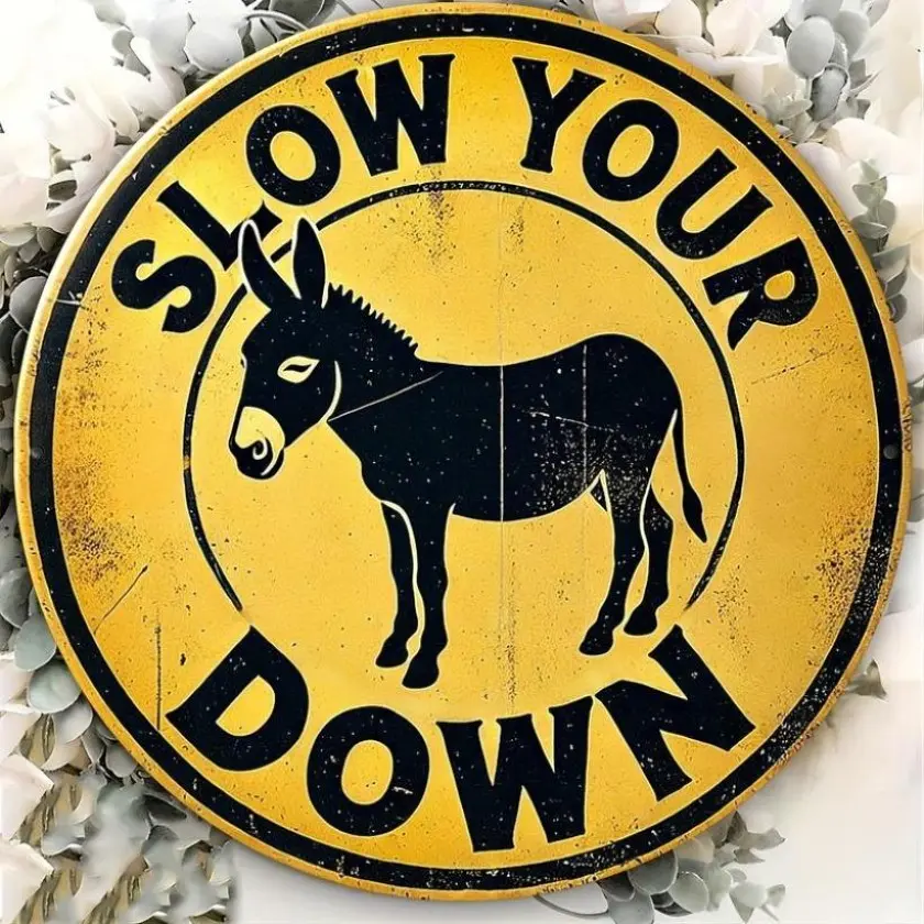 "Slow Your Down" Donkey Vintage Animal Metal Sign 8x8 Inch - Aluminum Home Decor for Bedroom, Kitchen, Bar & Indoor/Outdoor Spaces