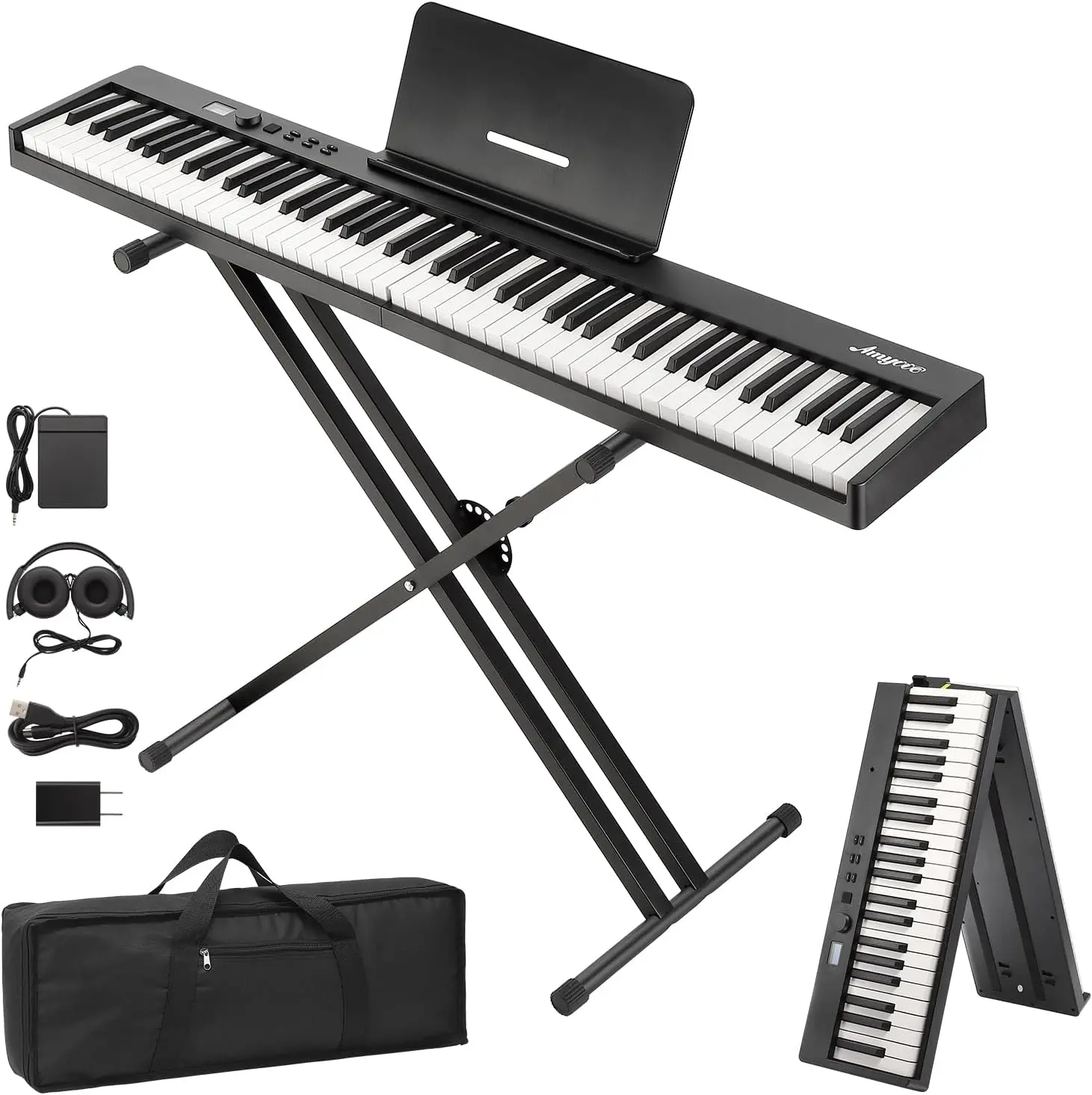 【Christmas Gift】88-Key Full Size Semi-Weighted Durable Digital Piano Keyboard with LCD Display, 128 Voices, 20 Songs, 24.8in, 9lbs, Portable Folding Design, Stand, Pedal, Headphones, Carry Bag, MIDI Bluetooth, Electronic Piano