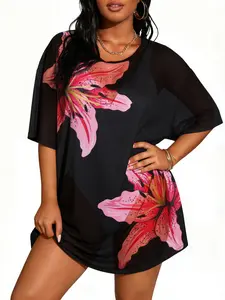 MNLYBABY Plus Size Beach Cover Up Women's Sheer Mesh Floral Swim Cover Up Short Dress