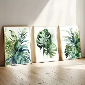3pcs/set Frameless Tropical Leaves Watercolor Set - Modern Plant Wall Art for Living Room, Bedroom and Home Office Decorating