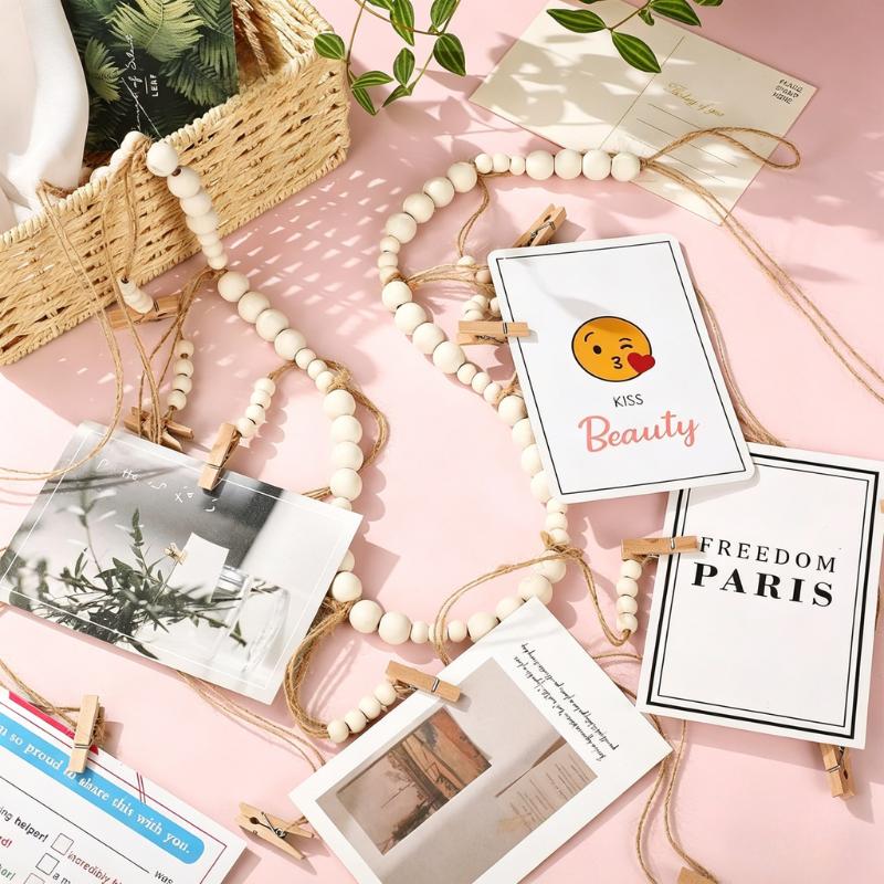 Boho Photo Display String, 4ft Wooden Bead Garland with 9 Clips, Hanging Picture Collage Decor for Cubicle, Dorm, Nursery, Rustic Bedroom & Office