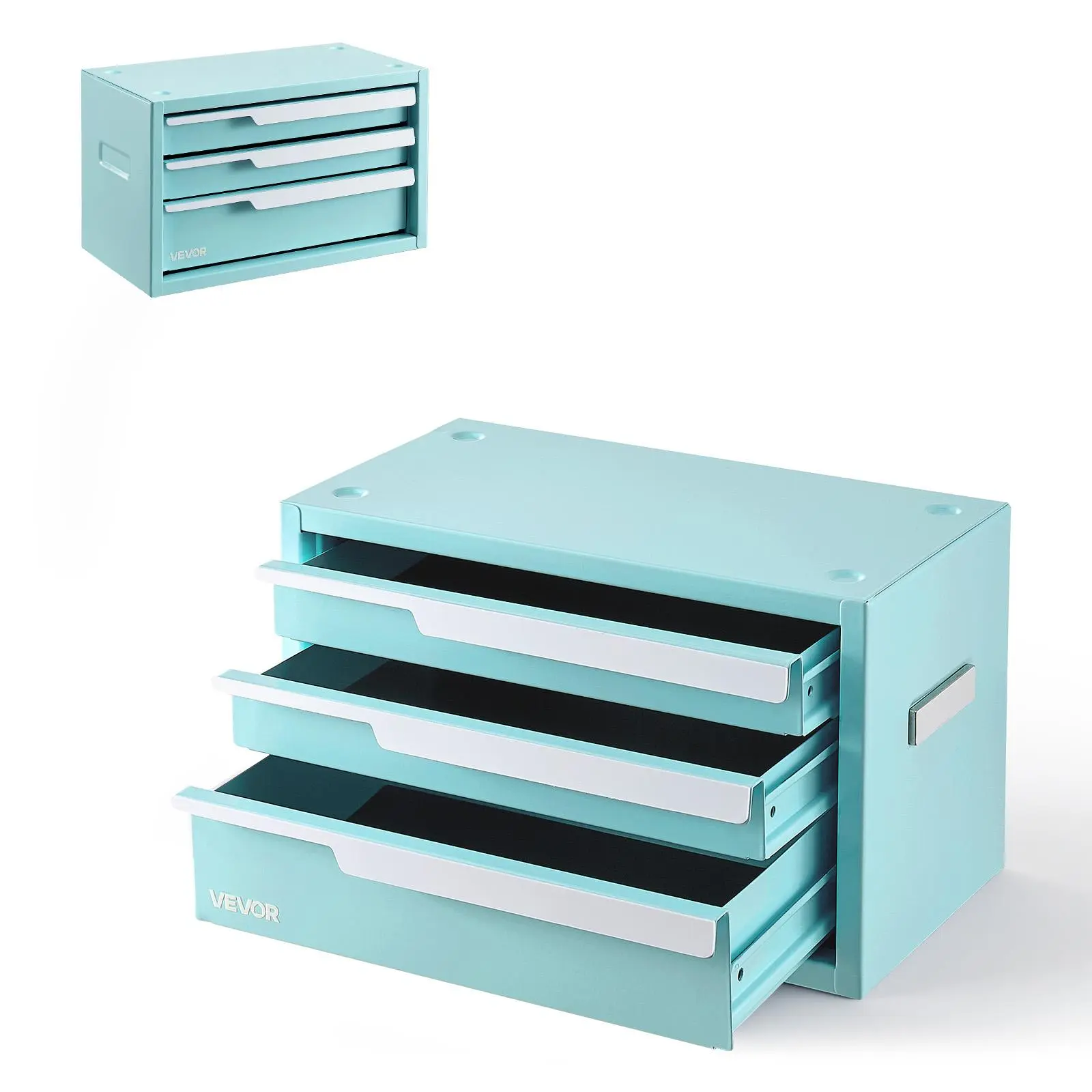 【ChristmasGift】VEVOR Steel Tool Box with 3 Drawers Portable Metal Toolbox Heavy Duty Green, for Garage Workshop Repair Shop Workbench, Magnetic Design, Tool Chest Cabinet Storage Organizer, with Protective Liners