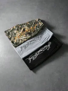 Men's Loose Fit Drawstring Athletic Shorts, Vintage Handwritten Print Light Heather Grey Shorts, Suitable For Streetwear And Summer Daily Wear