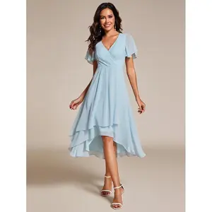 Fall Women's High-Low Hem Dress with Flutter Sleeves Surplice V-Neck ,Chiffon for Wedding Guest dress,  Cocktail Party Formal dress,2084,womenswear