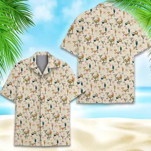 Vintage Cocktail Hawaiian Shirt, Retro Drink Pattern Aloha Button Up, Party Summer Beach Shirt, Martini Champagne Print Gift for Him