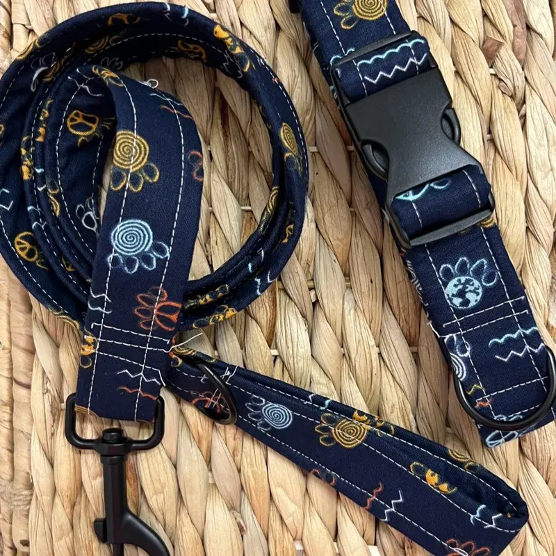 Dog Leash with Matching Collar, Navy Blue with Floral and Cloud Design, Adjustable Buckle, and Clip Attachment