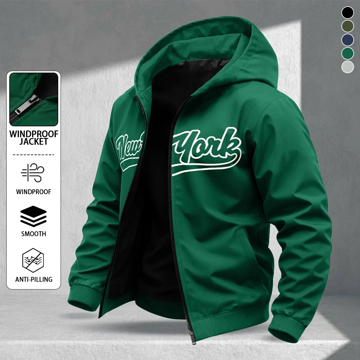 Men's casual fashion hooded jacket with "New York" printed on it, windproof and smooth fabric, perfect for competitions, daily commuting, campus daily, sports and leisure wear, perfect for spring and summer wear Personalized Thin