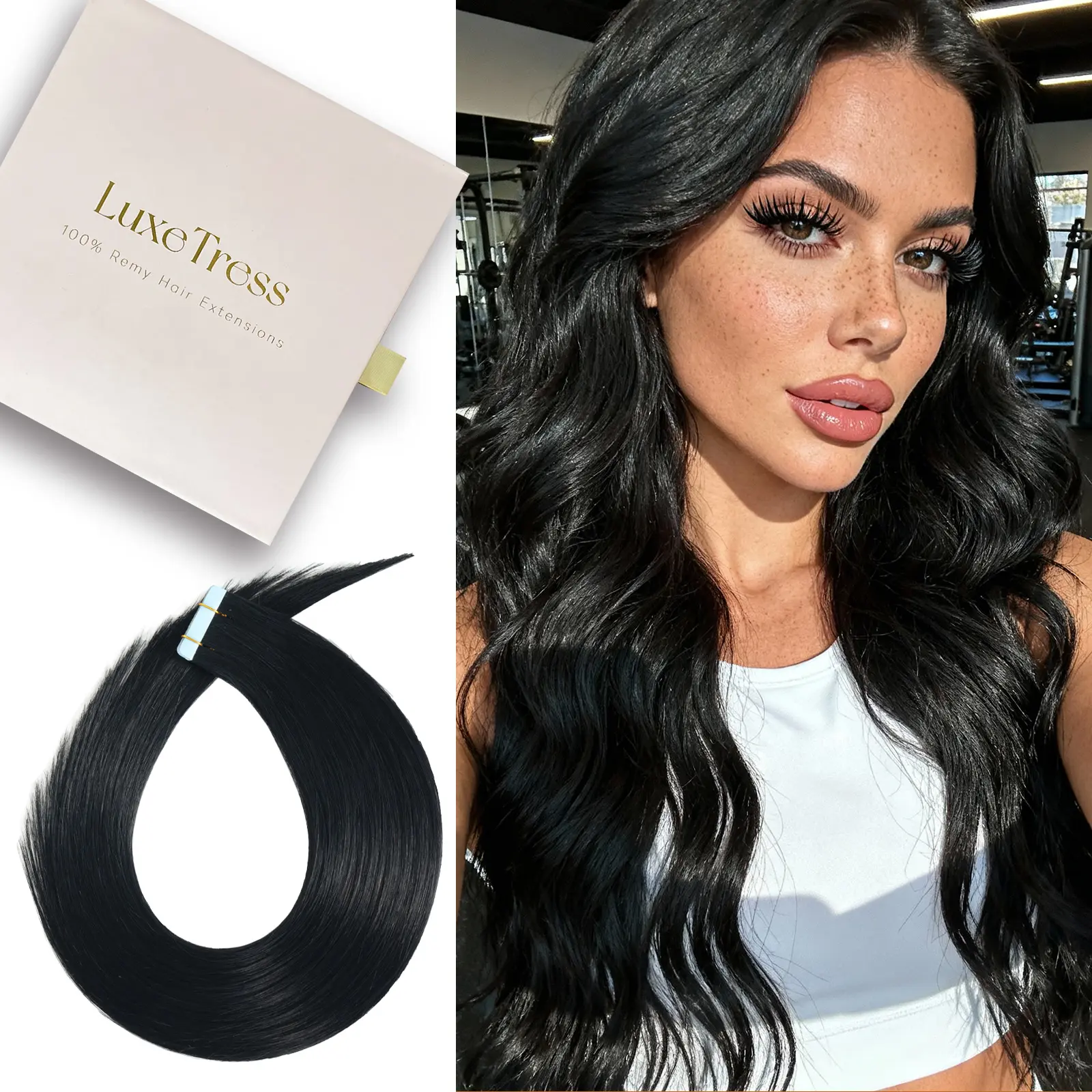 Luxetress Pre Bonded Tape-In Human Hair Extensions, 14-24 In, Jet Black & Dark Brown, 20pcs, 50g Remy Hair Extensions, Pre Bonded Extensions