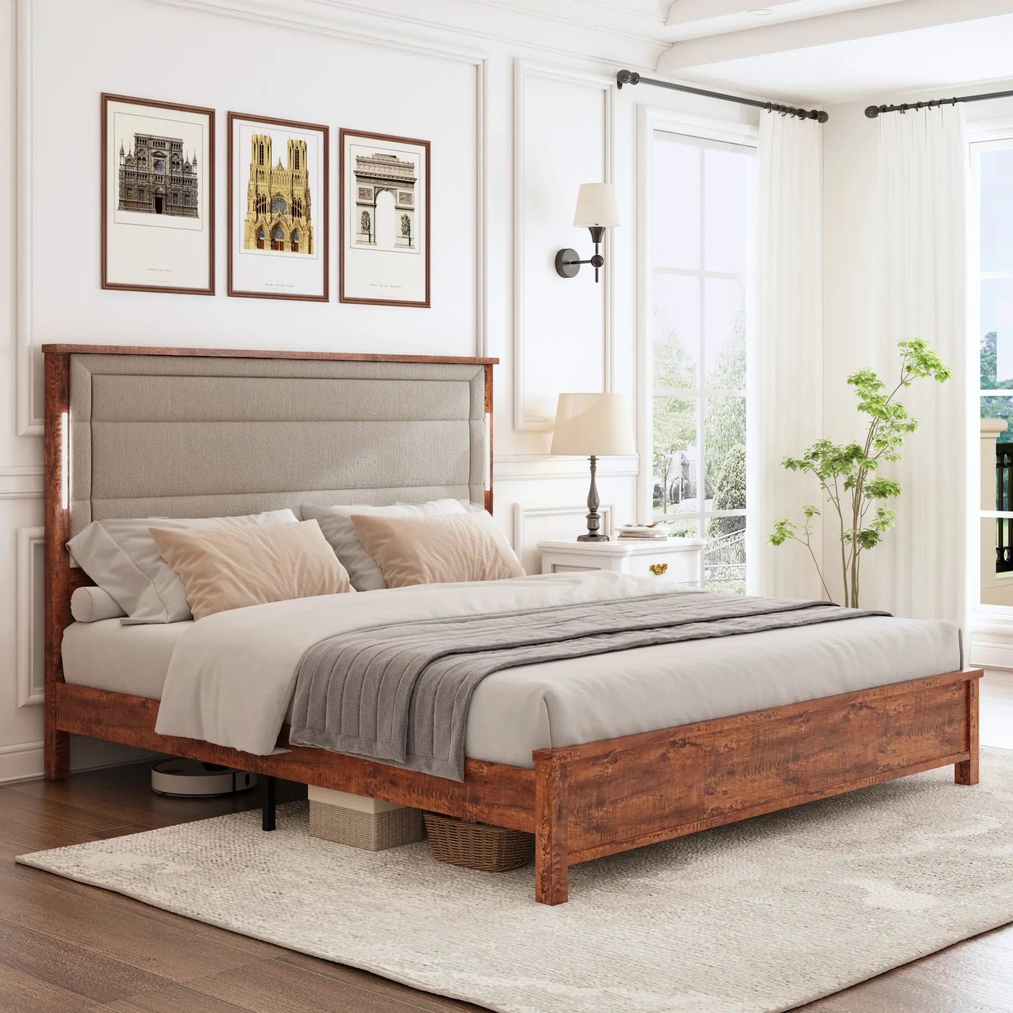 HOLDOLIFE Queen Size Smart Bed Frame with Tall Upholstered Headboard & LED Light, USB Charging Station for Type A&C, Easy Assembly, Noise Free, Gray
