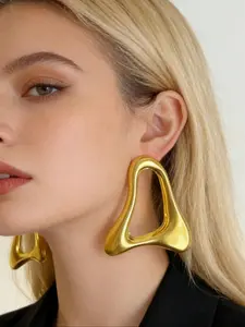 Oversized Asymmetrical Hollow Gold Pendant Earrings for Women, Bold Statement Jewelry Unique Design Ear Accessories for Party & Daily Wear
