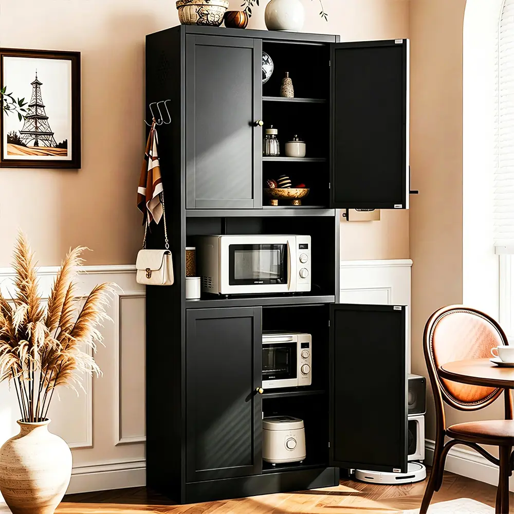 Kitchen Pantry Cabinet,72" White Pantry Cabinet 3-Tier Adjustable Shelves 4 Doors, Freestanding Cupboard with Microwave Stand, Metal Cabinet with Handle for Living Room Kitchen Assembly Required