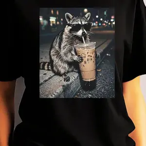 [Flashsale up to 70%] Funny Raccoon Drinking Iced Coffee Shirt, Animal Meme Graphic Tee, Gift for Men, Women funny shirts for women, Womenswear Cotton Top Streetwear