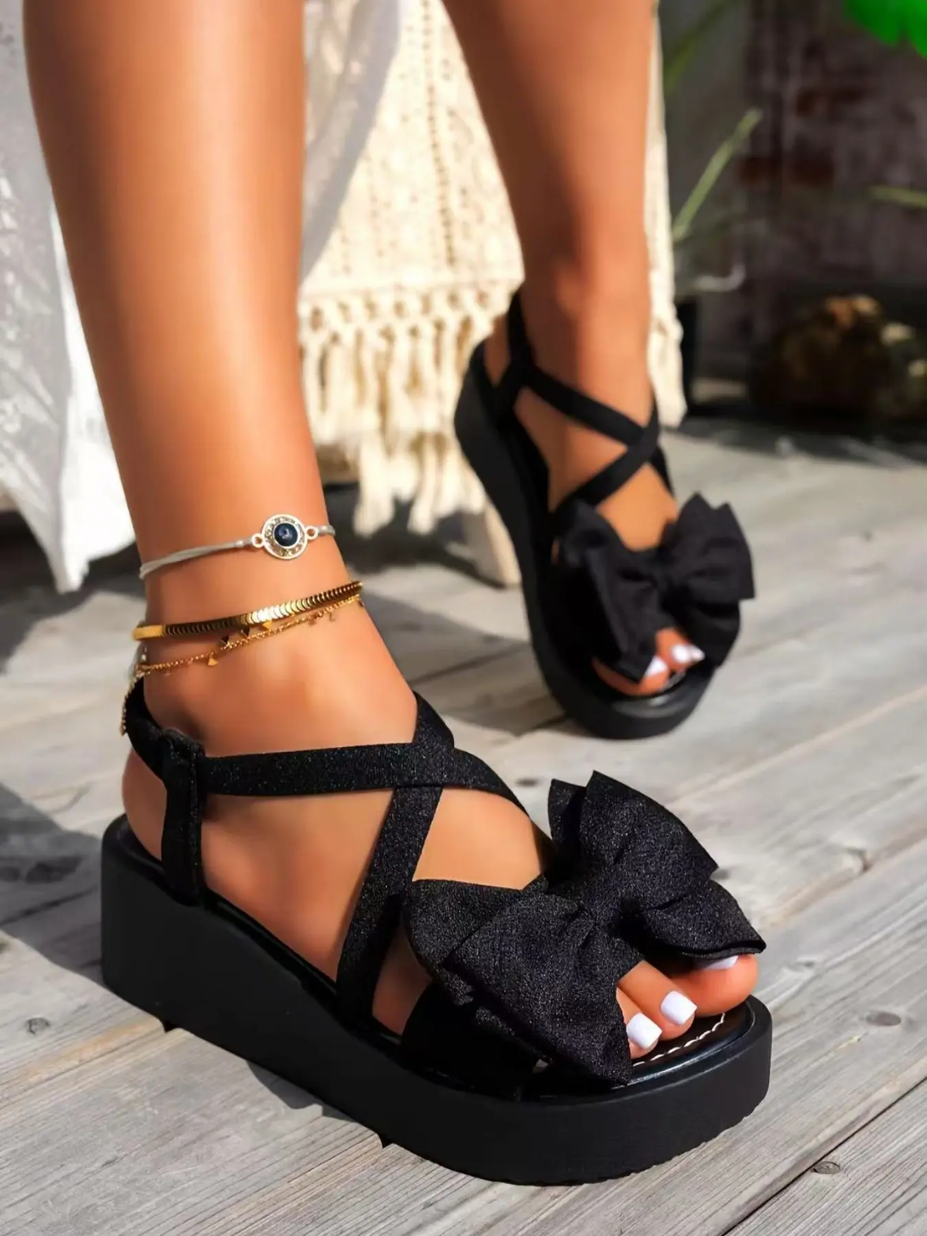 Women's Thick Rubber Sole Bow Sandals, Comfortable Cross Ankle Strap Design, Slip-On Style Shoes for Beach Vacation, Comfy Footwear, Casual Summer Footwear, Casual Outdoor Sandals, Bowknot Design Sandals