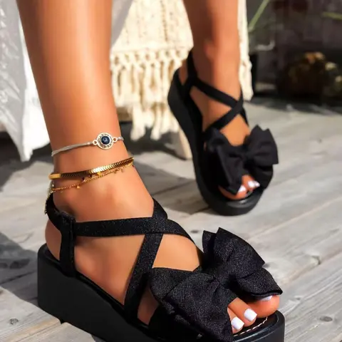 Women's Thick Rubber Sole Bow Sandals, Comfortable Cross Ankle Strap Design, Slip-On Style Shoes for Beach Vacation, Comfy Footwear, Casual Summer Footwear, Casual Outdoor Sandals, Summer Fashion Sandals