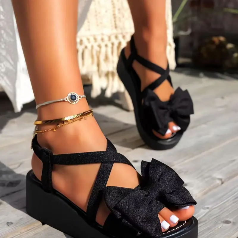 Women's Thick Rubber Sole Bow Sandals, Comfortable Cross Ankle Strap Design, Slip-On Style Shoes for Beach Vacation, Comfy Footwear, Casual Summer Footwear, Casual Outdoor Sandals, Summer Fashion Sandals