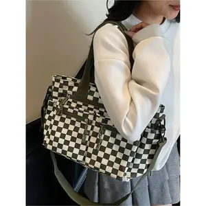 Corduroy checkerboard student commuter bag for work and school, crossbody bag, shoulder tote bag, multi-pocket design, zipper closure, suitable for commuting, shopping, leisure travel, and daily accessories