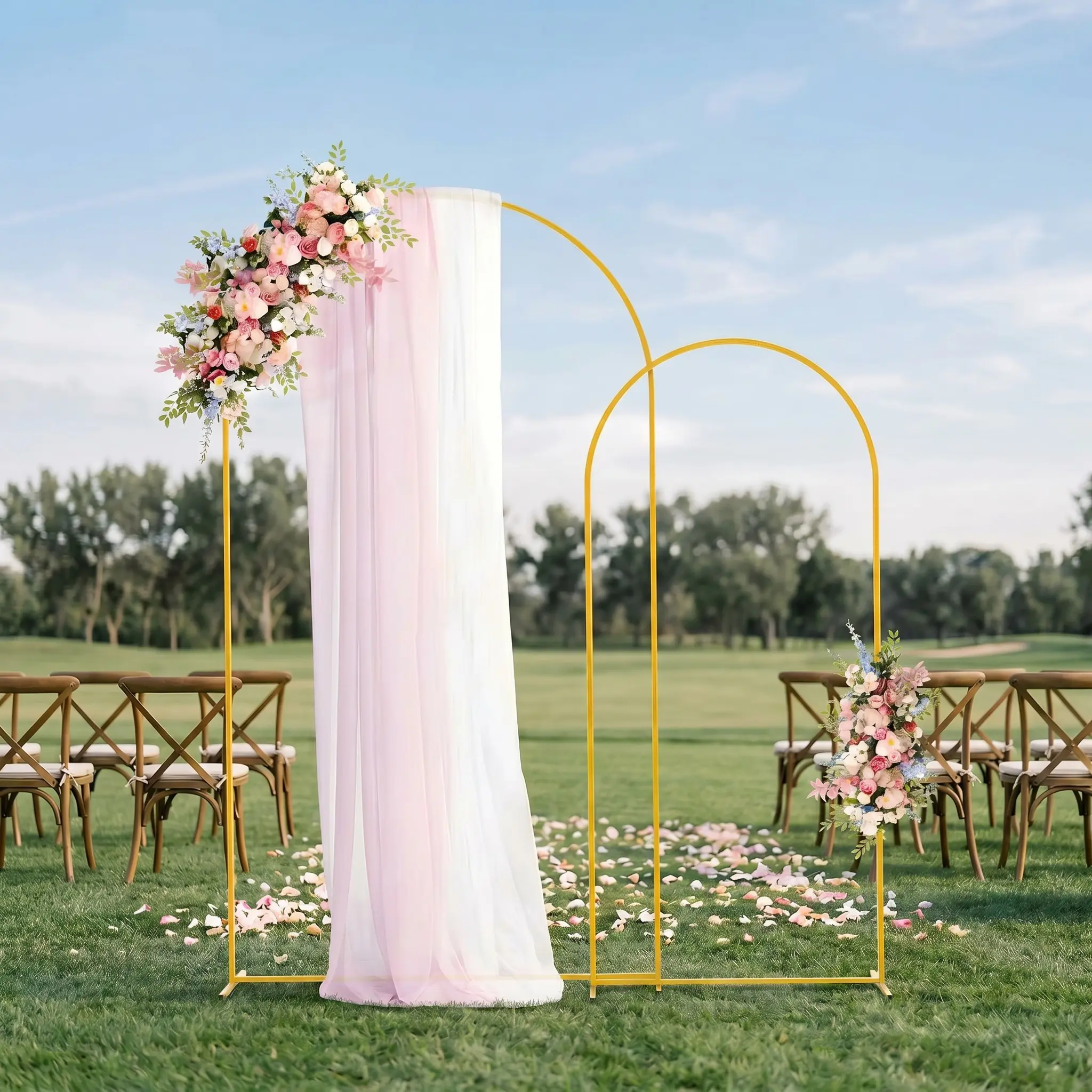 Golden Metal Frame Arch Backdrop Stands Boxed Set (Set of 2, 7.2ft/6ft) - Party Decor Design, Arch Shape, for Wedding Ceremonies, Multiple Occasions Festive & Home Decor