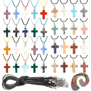 125pcs Trendy Mixed Color Natural Stone Cross Pendant Necklace Set - with 50pcs Pendant+50pcs Black +25pcs Colored Cords, Suitable for DIY Necklaces Earrings Bracelets Jewelry Making, Best Gift for Fashion Party Jewelry, for Teenager
