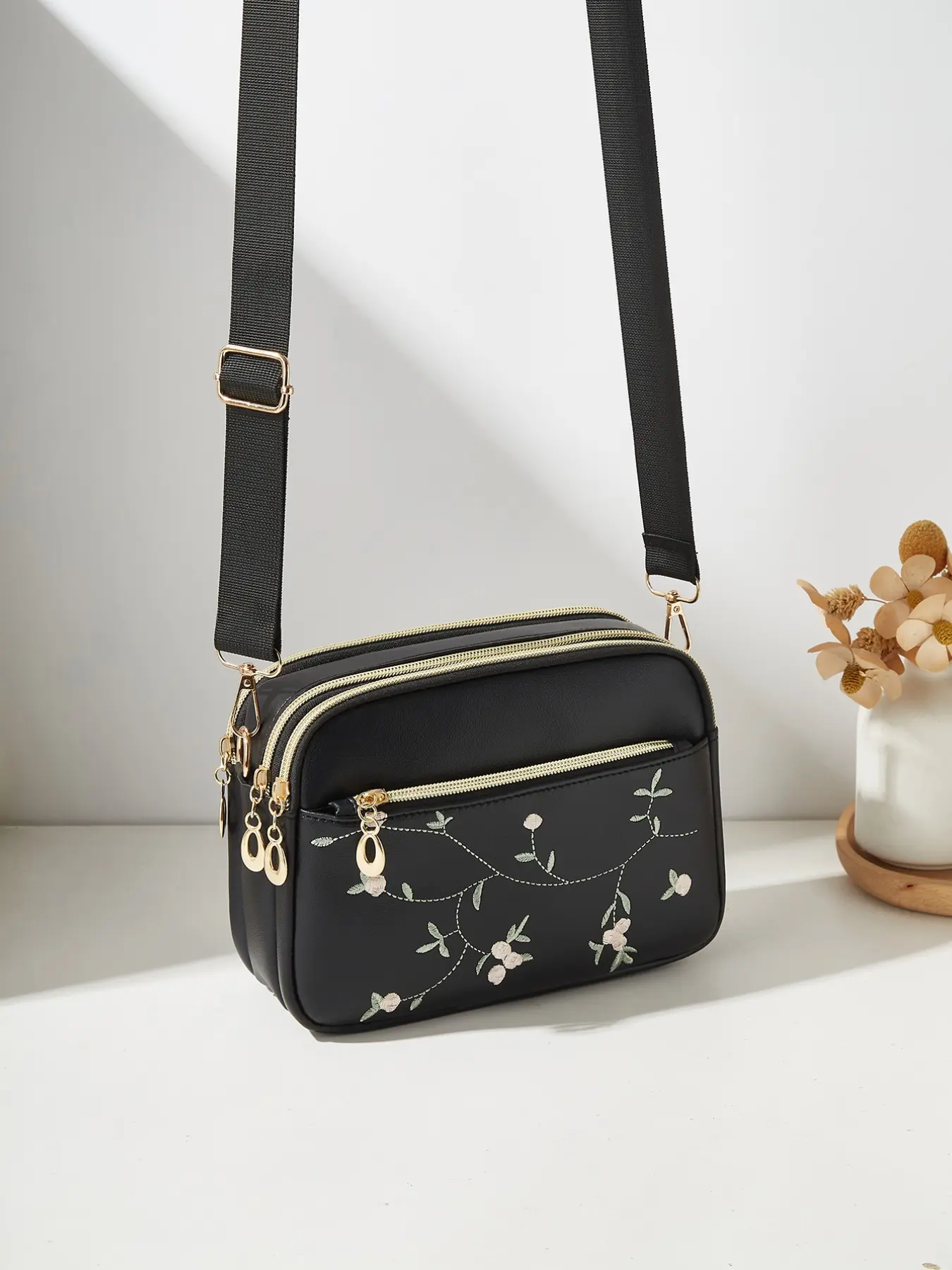 Floral Embroidered Crossbody Bag, Multi Pocket Zipper Sling Fashion Crossbody Purse with Wide Strap for Women