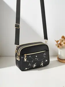Floral Embroidered Crossbody Bag, Multi Pocket Zipper Sling Fashion Crossbody Purse with Wide Strap for Women