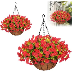 1 set or 2 set（10pcs /set ） Artificial Hanging Flowers for Outdoors, Fake Hanging Plants with Baskets, UV Resistant Hanging Flowers Fake Flowers for Outdoors Porch Patio Garden Spring Summer Decor