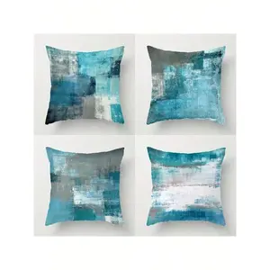 4PCS Blue  White Geometric Pattern Throw Pillow Covers, 17.7*17.7inch, Single-Sided Printing, Zipper Closure, Machine Washable - Suitable For Farmhouse, Living Room, Bedroom, Sofa, Porch, Patio, Outdoor Decor
