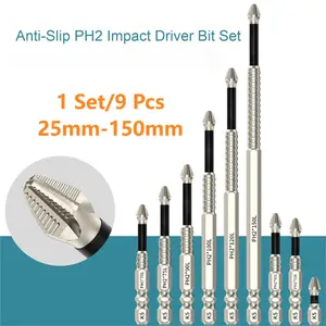 1 Set(9 PCS）Anti-Slip PH2 Impact Driver Bit Set – Heavy-Duty Magnetic Screwdriver Bits with Precision Fit, High Torque Strength, and Stripped-Screw Resistance for Power Tools and DIY Projects Impact Drill Bit