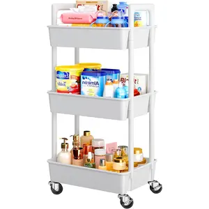 3 Tier Rolling Cart Organizer, Plastic Rolling Cart with Lockable Wheels & Reinforced Handle, Lightweight Utility Cart Storage Cart for Nursery, Kitchen, Bathroom, Craft Room, White, PIUC14W