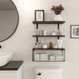 New Space-Efficient Floating Shelf with Wire Basket – Versatile & Chic Wall Storage Rack Powder-Coated Finish Decor Shelves