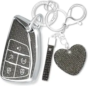 Key Fob Cover with Diamond Heart Keychain Car Key Shell Compatible with Chevy Tahoe Suburban GMC Yukon Denali Silverado Buick 2021-2024 Full Protector for Women (5 Buttons-Black)