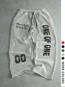 Men's Casual Sporty Long Pants, Letter Pattern Print, Drawstring Wide Leg, Loose-Fitting, All Seasons, Men's Fashion Clothing