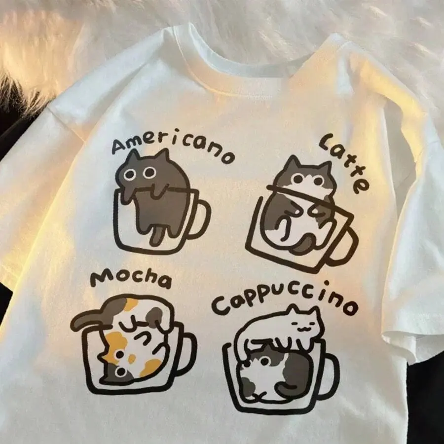 Harajuku Cat Coffee Loose Short Sleeved T-Shirt Women Original Mocha Latte Cat Three Flowers Fun Cat Tees