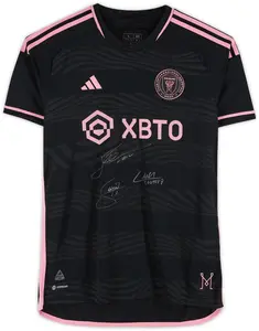 Lionel Messi, Luis Suarez, and Sergio Busquets Inter Miami CF Autographed 2023 Black Adidas Authentic Jersey - Front Signed - Fanatics Authentic Certified