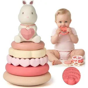 Bunny Baby Stacking Toys| 7-Piece Silicone Rings for Teething Relief| Educational Toy for Infants & Toddlers 6 Months+| Baby Shower or Birthday Gift for Girls