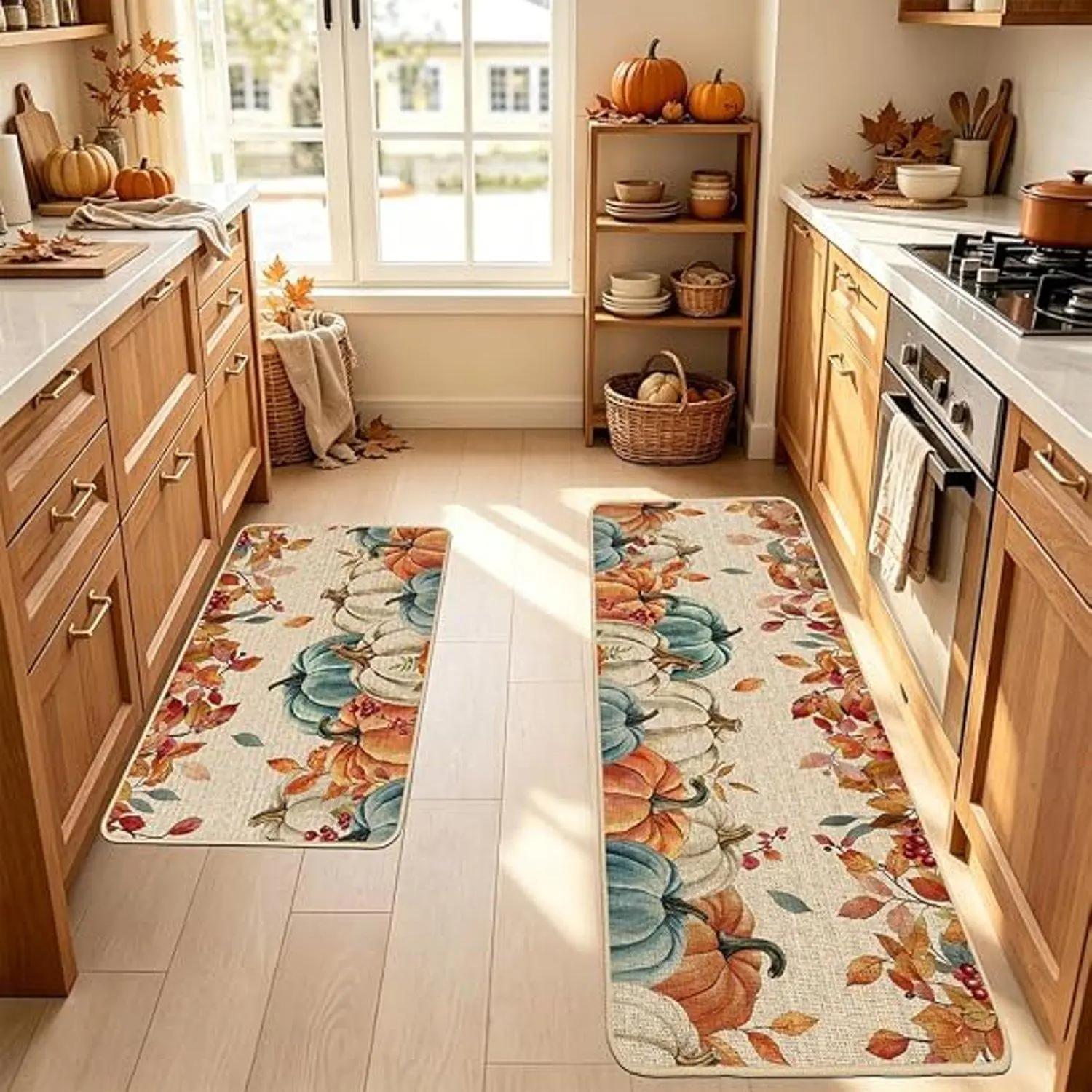 Flannel Indoor Rug, Watercolor Multi‑Colored Pumpkin Maple Leaf Fall Harvest Print Non‑Slip Absorbent Decorative Floor Mat For Entryway Kitchen Home Decor