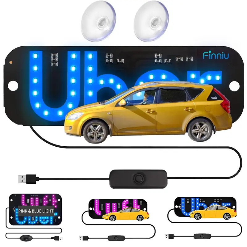 Taxi LED Light Sign for Car Uber/Lyft with Suction Cups USB Plug for Cars Trucks SUVs Compatible LED Decal for Windshield Visibility
